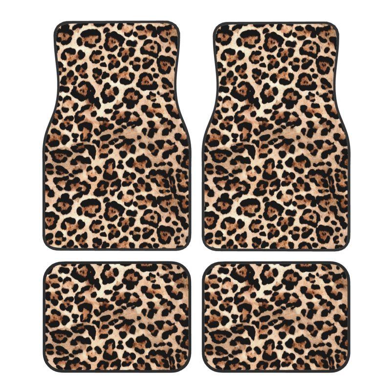

Brown Leopard Print Car Floor Mats of 4 Pcs Abstract Cheetah Pattern Wild Animal Skin Texture Front and Rear Foot Mats Universal 4pcs