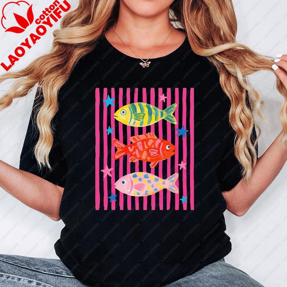 Bright Striped Fish Graphic Tee Y2k Pop Art Aesthetic Bold Pink Colorful Fish Print Nautical Summer Everyday Casual TShirt