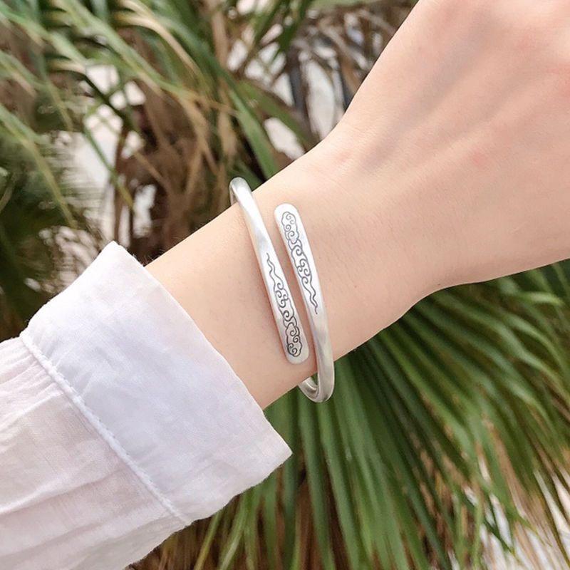 Vintage Retro Silver Plated Auspicious Cloud Open Bangle For Women