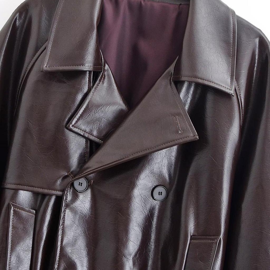 European & American Style 2025 Women's Shiny Fitted Short Leather Trench Coat