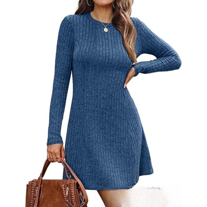 JKASHDK Women's Fashion Spring Fall Solid Color Print Long Sleeve O-Neck High Waist  Casual Dresses