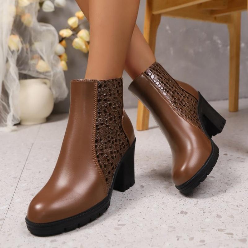 Winter Solid Color Sexy Round Head Zipper High-Heeled Thick Soled Casual Boots Fashionable New Comfortable Women'S Boots