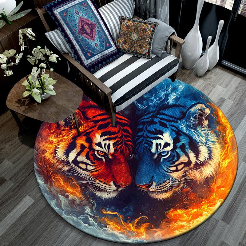 Yin Yang Tigers Round Area Rug,Carpet Rug for Living Room Bedroom Sofa Playroom Decor,Non-slip Floor Mat
