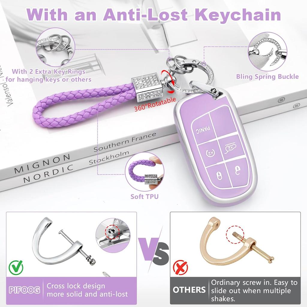 PIFOOG Key Fob Cover for Jeep Cherokee Grand Cherokee Compass Renegade Accessories Purple Bling Keychain 5 Button Car Keys Case Shell Full Covers