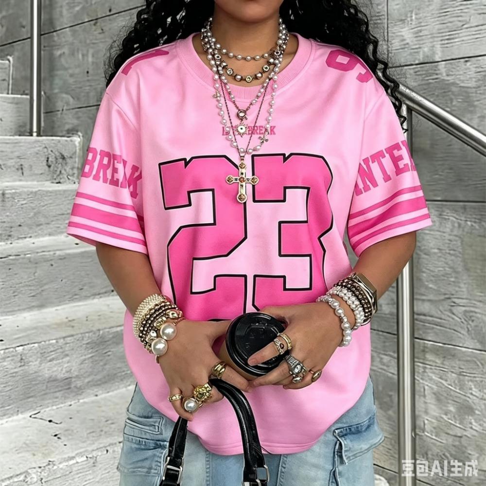 Women's oversized pink printed basketball shirt, retro short sleeved streetwear shirt, Y2K hip-hop sports T-shirt