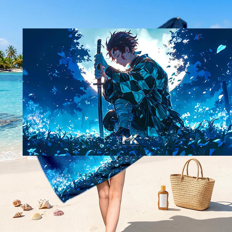 Kamado Tanjiro Printed Swim Towel, Portable Water Absorbent Towel for Beach Camping Daily Bathroom Use