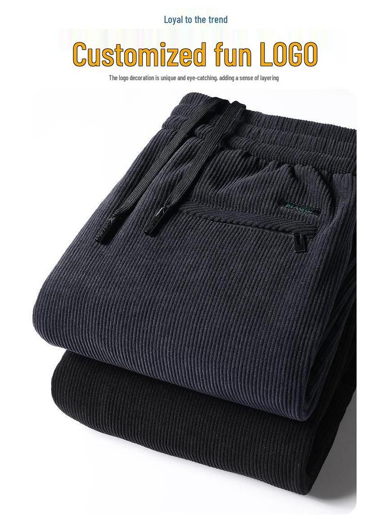 Men's Large Corduroy Warm Winter Casual Straight-Leg Pants with Velvet Lining