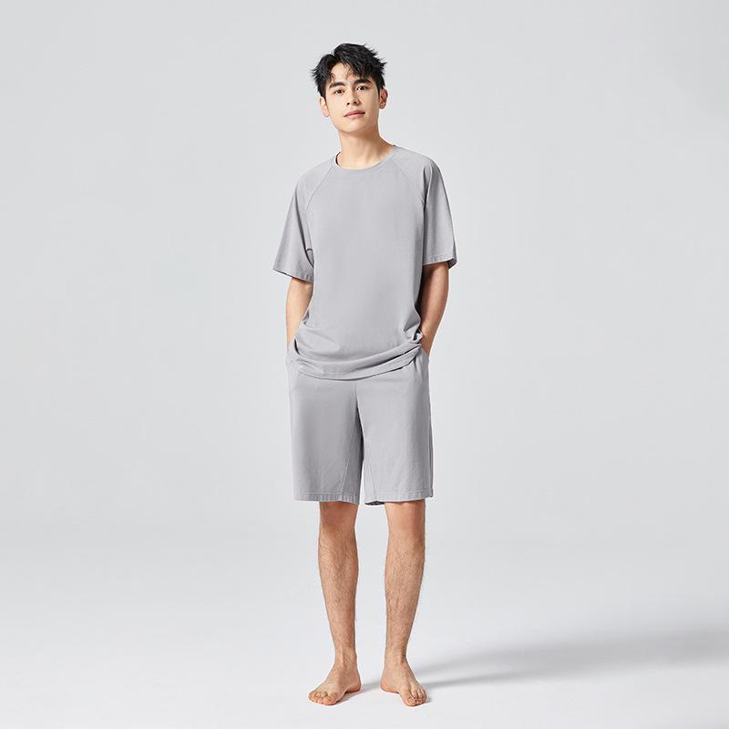 

Мужской однотонный свободный пижамный комплект с длинным рукавом - Весенне-летний повседневный домашний костюм с круглым вырезом XXXL