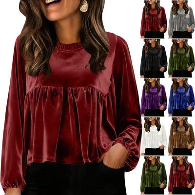 Damen Lockere Rundhals Babydoll Langarm Elegante Ärmel Samtbluse