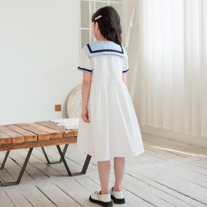 Girls' Cotton Short-Sleeve College Style Dress with Turn-Down Collar – White, Summer 2025