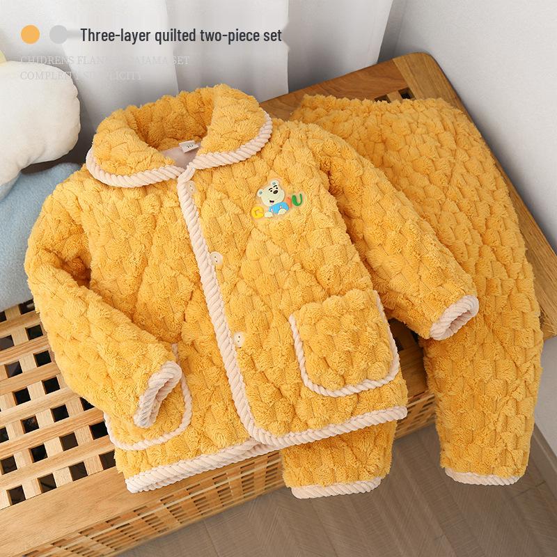 Kids' Winter 3-Layer Quilted Pajamas Coral Fleece Set - Boys, Girls, Babies & Parent-Child Outerwear