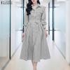 ZANZEA Women Casual Turn Down Collar Long Sleeve Loose Stripe Dress