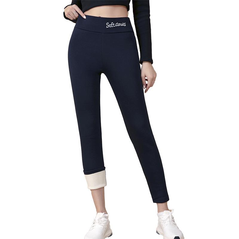 Fleece Lined Thick Sherpa Leggings Women Letter Embroidery Slim Fit Outdoor Wear Ankle Pants Warm Trousers