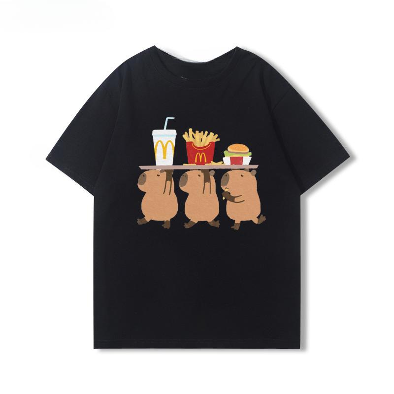 2025 Cute Capybara Capibara Coffee Chips Cartoon Peripheral Short Sleeve Men's and Women's Summer Cotton T-shirt Trend Tops Tee