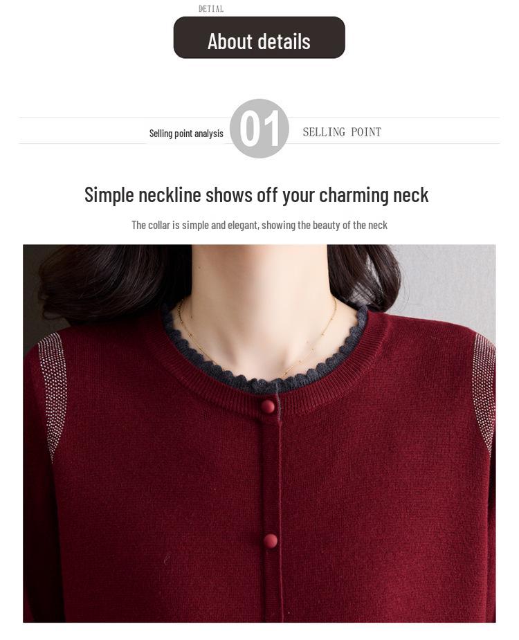 2025 Red Knitwear Round Neck Sweater for Middle-aged Women - Stylish Spring & Autumn Fashion