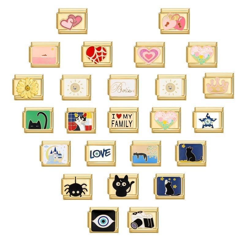 Gold Color Black Cats Heart Devil Eyes Flowers Italian Charm Links Fit 9mm Stainless Steel Bracelet Men Women DIY Making