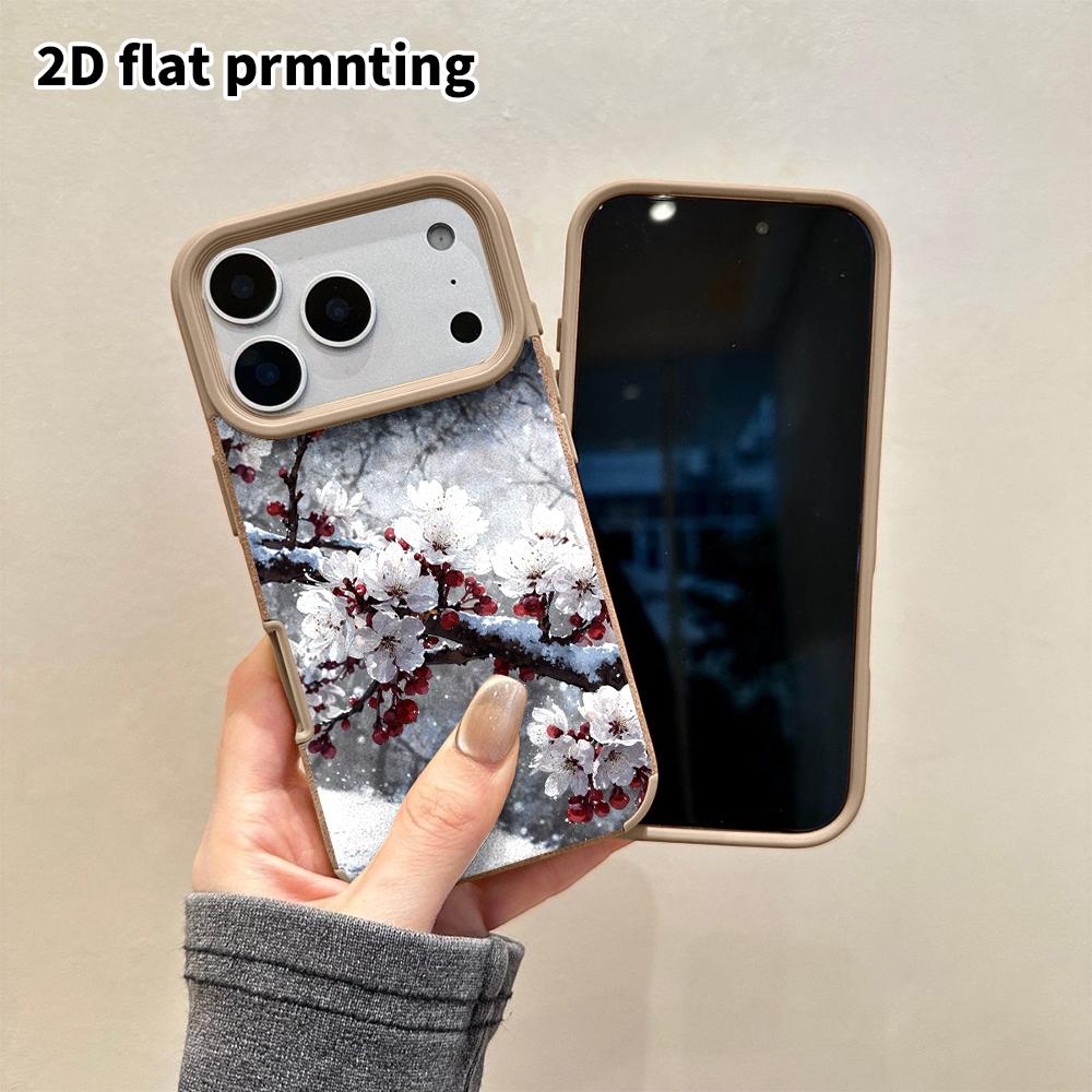 Phone Case: 2D Flat Lambskin Suitable for iPhone 18, 17, 16, 15, 14, 13 Pro Film Protective Case, Snow and Cold Plum, Christmas and Halloween Gift