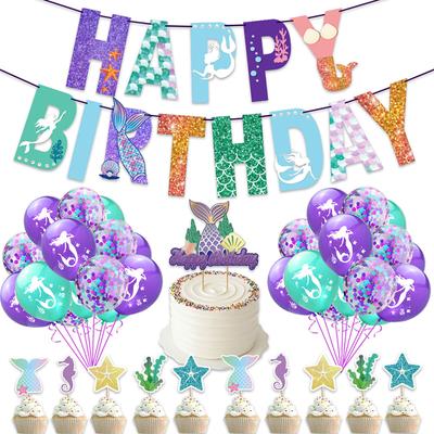 Happy Birthday Banner Mermaid Party Decor Mermaid Tail Shell Bunting Garland Girl First Birthday Party Decoration Baby Shower