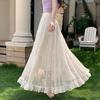 Qooth Lace Embroidered Tulle Maxi Skirt High-Waist Slimming A-Line Tiered Cake Skirt Fairy Full Flare Summer QT2914