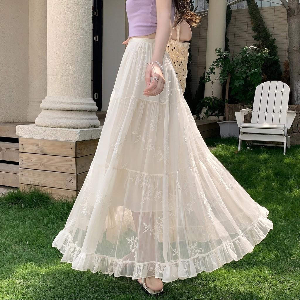 Qooth Lace Embroidered Tulle Maxi Skirt High-Waist Slimming A-Line Tiered Cake Skirt Fairy Full Flare Summer QT2914