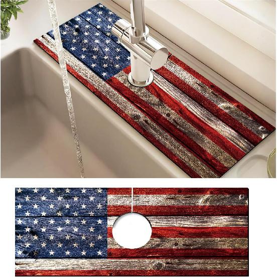 Absorbent Splash Guard Mat for Kitchen Sink, 15×5.5 Inch Cute Fast Drying Drip Catcher Behind Faucet Mat, Non-Slip, Washable Sink Mat Gadgets for