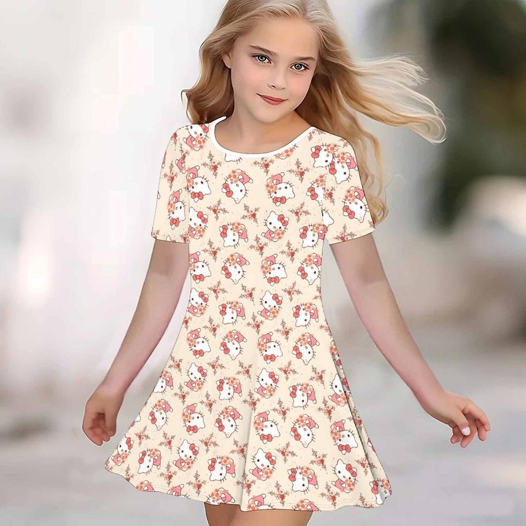Girls 3D Print Dresses Kids Girl Party Short Sleeve Princess Dress Tank 3D Likable Cartoon Print Dress