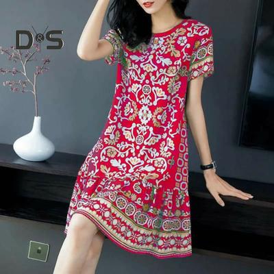 Vestido de verano para mujer, cuello redondo, manga corta, estampado retro, corte en A, dobladillo grande, largo hasta la rodilla, suelto, informal, para uso diario, vacaciones, vestido midi