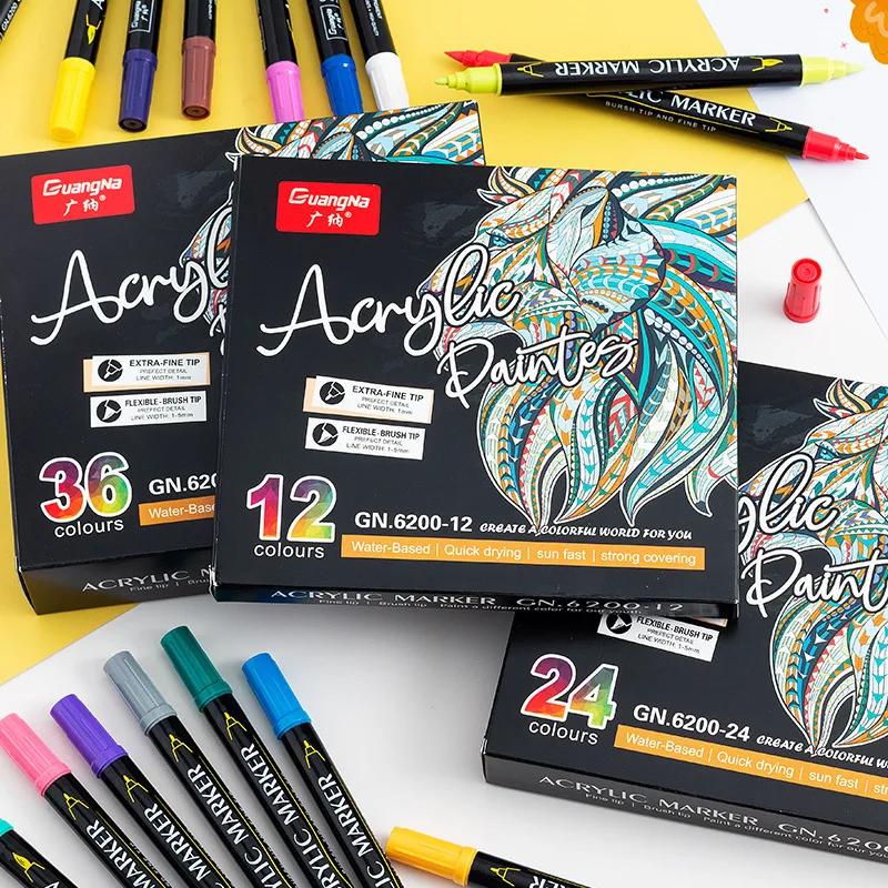 12/24/36Color Dual Tip Acrylic Pastel Pen Paint Brush Markers PensFor Fabric Canvas Ceramics Metal DIY Graffiti Art Stationery