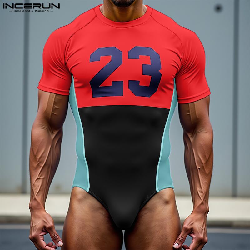 INCERUN Men's Short Sleeve Letter Print Fitted Leotard Jumpsuits Underwear One Piece Suit