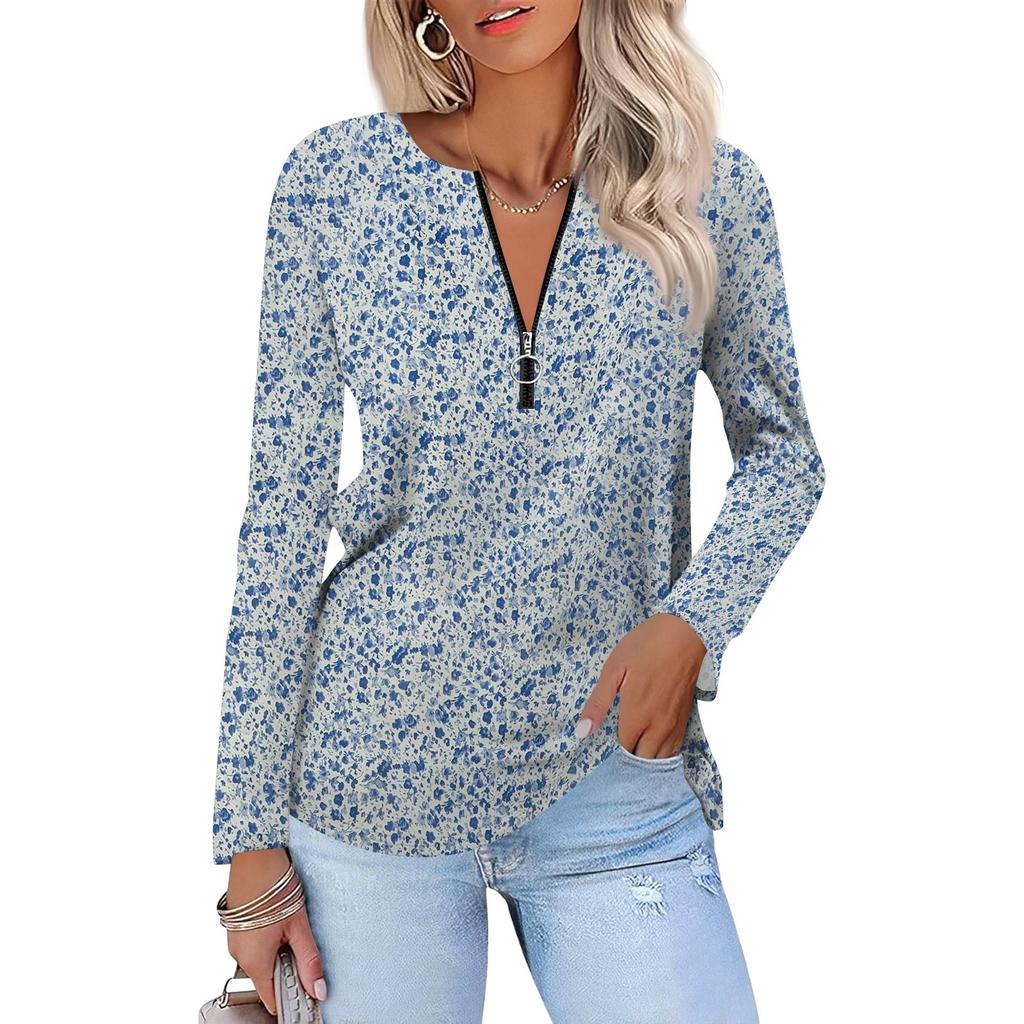 Damenmode Lässig Bedruckt Reißverschluss V-Ausschnitt Langarm Shirt Tops