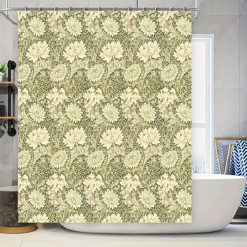 

Vintage Floral Shower Curtain Polyester Waterproof Bathroom Decor Home Decorative Wall Hanging Green Cream White Pattern W60H190(CM)-1 Pcs