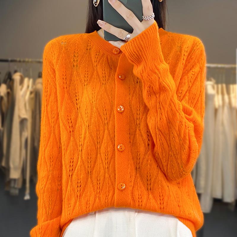 2023 Women's Retro Loose Round Neck Hollow Pure Wool Cardigan Sweater Knit - Early Autumn