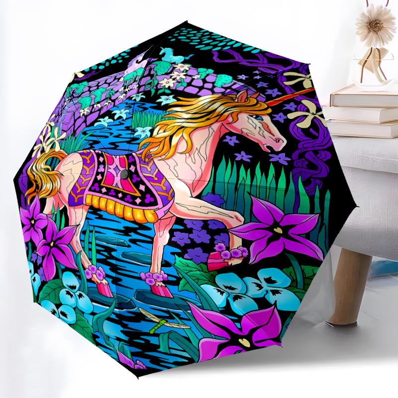 

1pc Sturdy 8-Bone Auto Umbrella, Lovely Unicorn Umbrella, Digital Printed, Foldable Umbrella for On-the-Go Outdoor Use