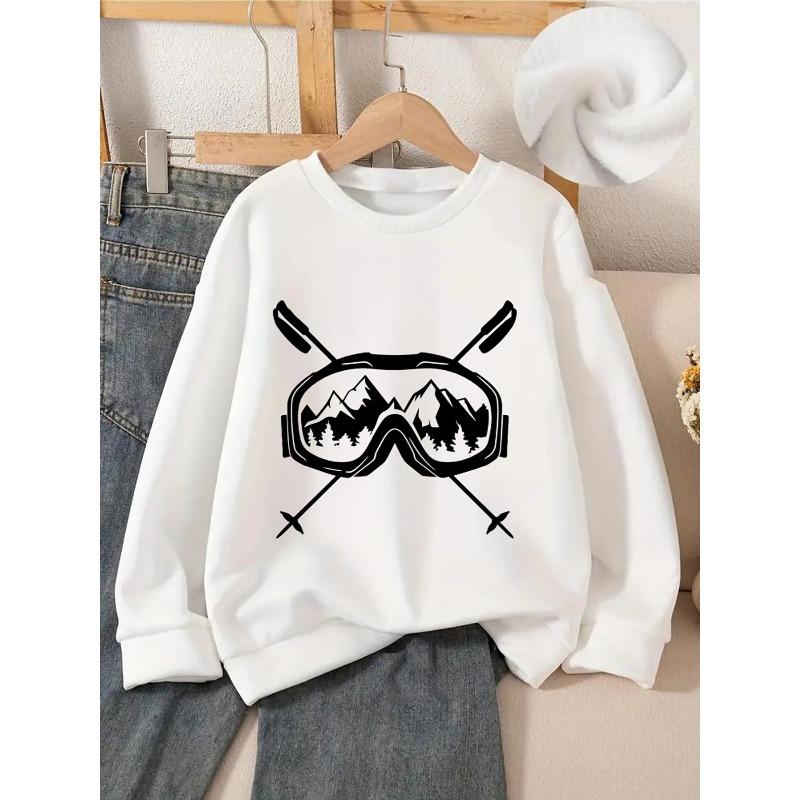 Kids Unisex Crewneck Sweatshirt, Ski Goggles Mountain Forest Ski Poles Black Line Art Print Soft Fleece Pullover For Kids Over 4 Years Old