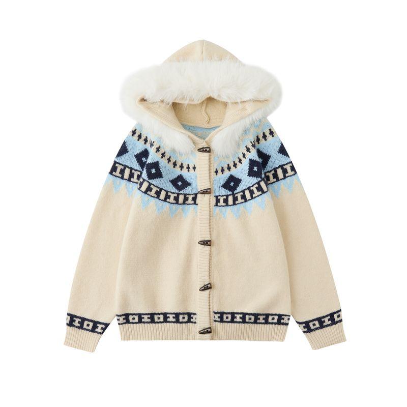 Dream Made Fur Collar Hooded Fair Isle Cardigan Sweater for Men, Autumn and Winter Thickened Couple Knitwear Jacket