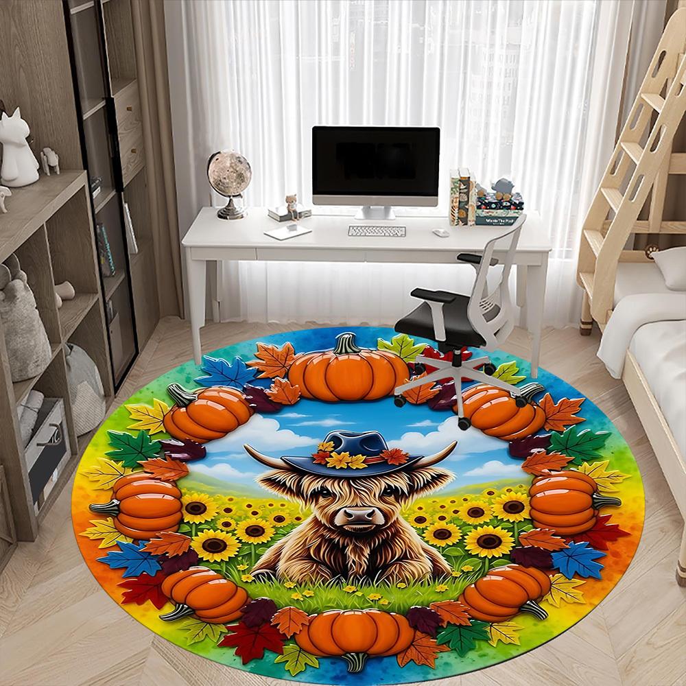 1pc Autumn Pumpkin Wreath Chair Carpet for Office, Round Polyester Mat, Indoor Decor for Office, Easycare Fabric, Washable Non-slip Area Carpet