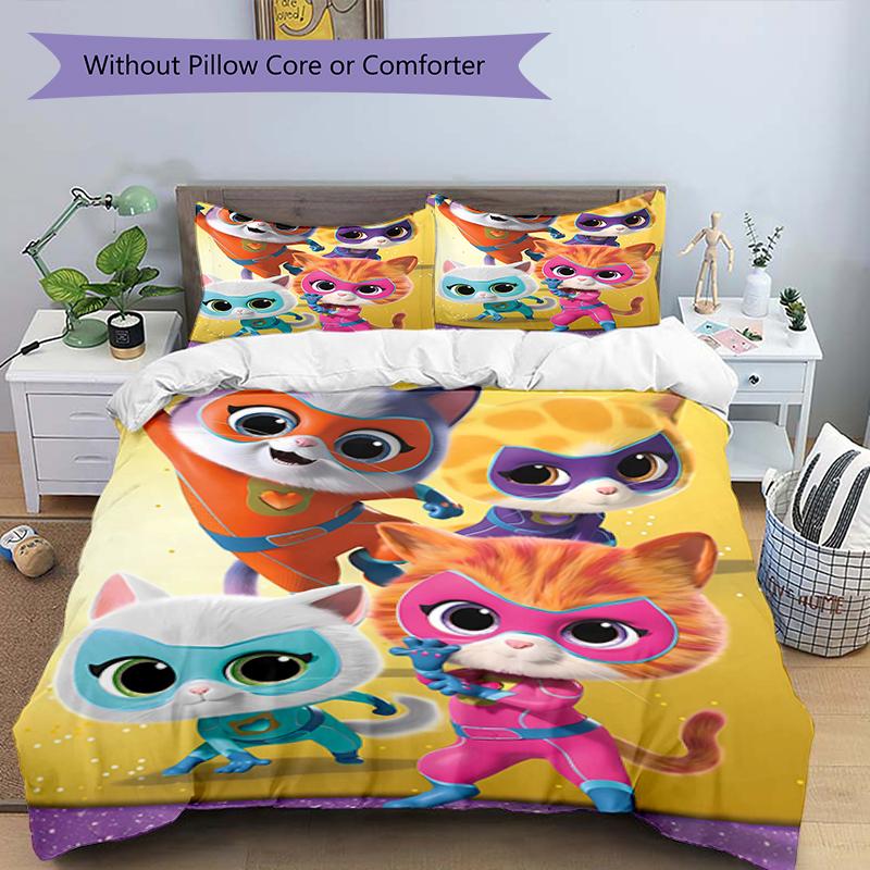 3pcs Super Kitties Adventures1 Design Cover Set - HD Printed Bedding with 1 Cover and 2 Pillowcases - Perfect for Home and Dorm Decor