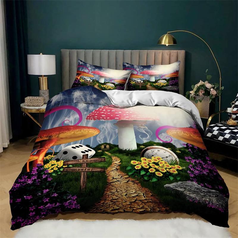 Pilz Bettbezug Set Cartoon Bettwäsche Set Naturpflanzen Druck Bettdeckenbezug Kissenbezüge King Für Kinder Erwachsene Schlafzimmer Deko