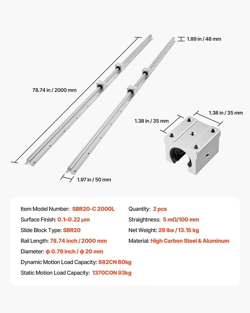 Linear Rail Kit, SBR20, 2Pcs 2000 mm (78.74 inch) Linear Motion Guide Rails and 4Pcs Bearing Slide Blocks, Fully Supported Shaft, for Cutting,
