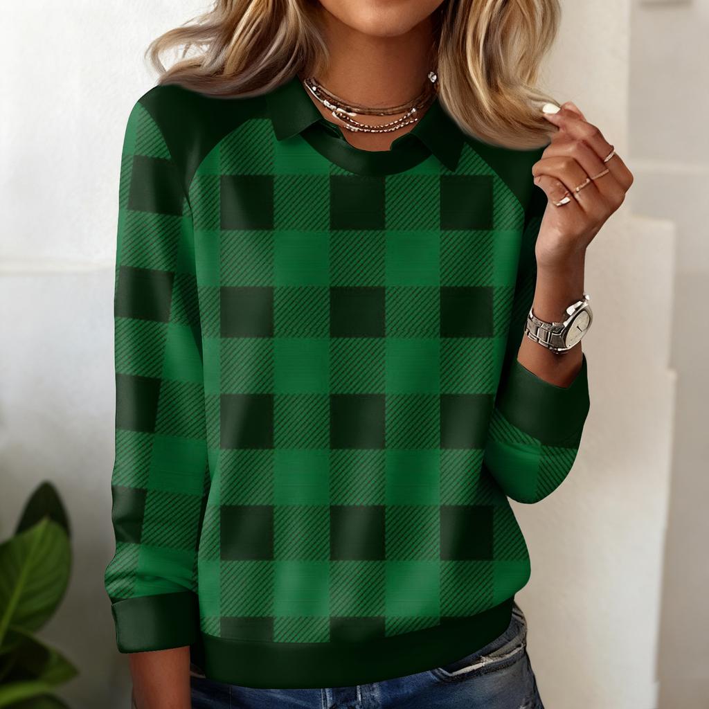 Damen Karomuster Bedrucktes Lässiges Langarm-Sweatshirt-Top