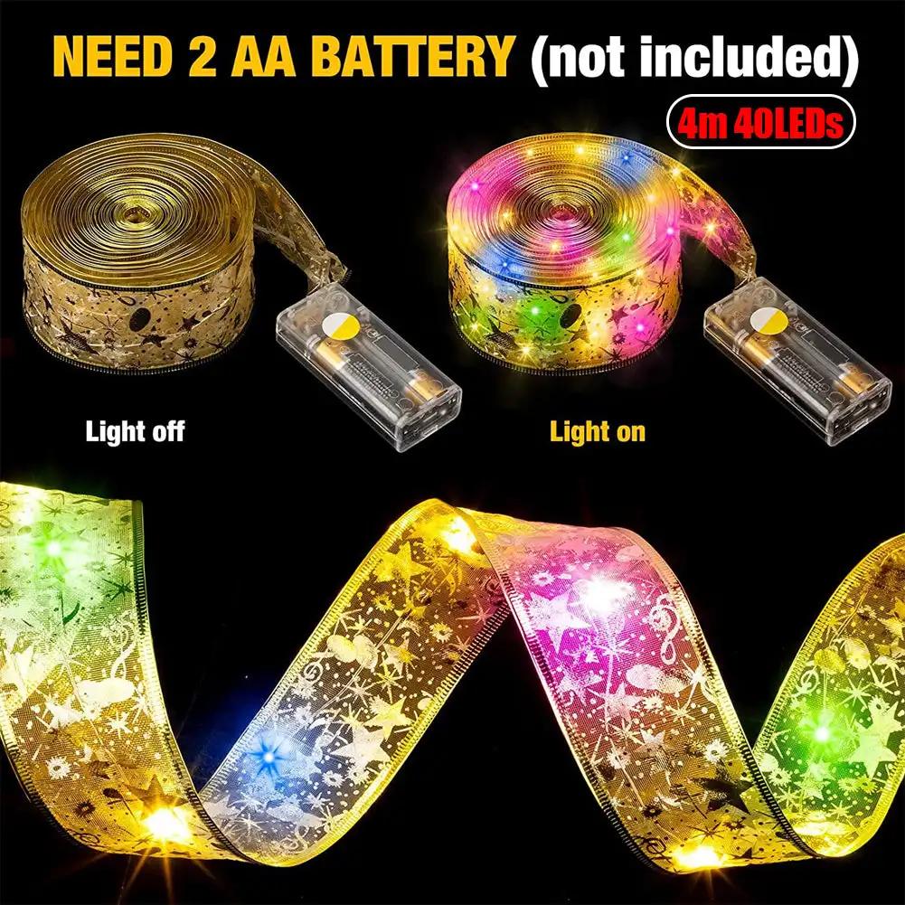 Christmas Ribbon Fairy Light Christmas Decoration DIY Bows String Light Tree Ornaments for Home 2025 Xmas Decor New Year Navidad