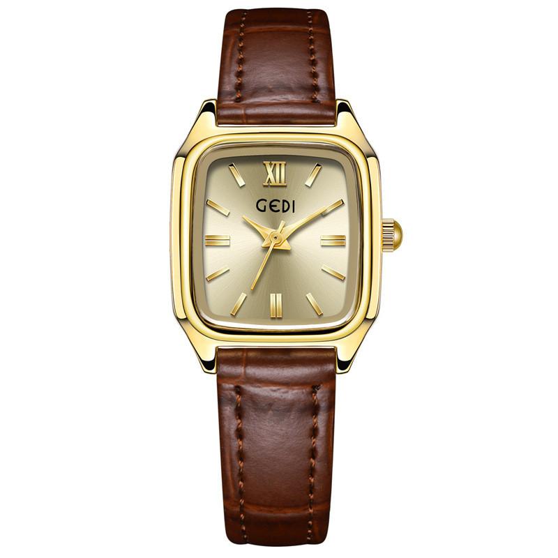 Gedi Womens Vintage Leather Quartz Watch With Water Resistance For Daily Wear Gold Brown