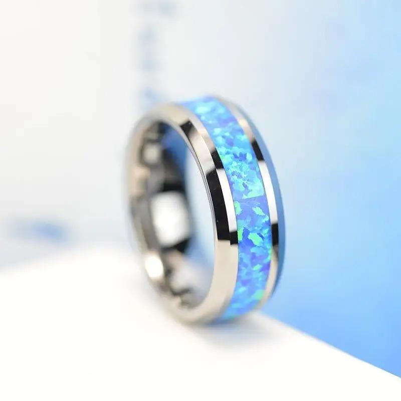 Fashion 8mm Men Stainless Steel Rings Inlay Blue Opal Never Faded Engagement Promise Rings For Men Women Wedding Band Jewelry