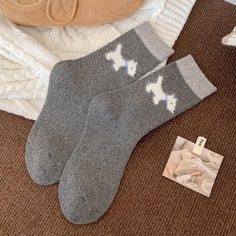 Women's Mid-Calf Fair Isle Pattern Wool Socks - Cute, Warm, and Thickened for Autumn and Winter, with Small Dog Design.