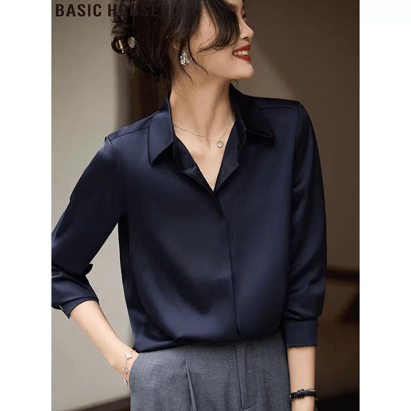 Basic House Women s Deep Blue Lapel Long-Sleeve Shirt M