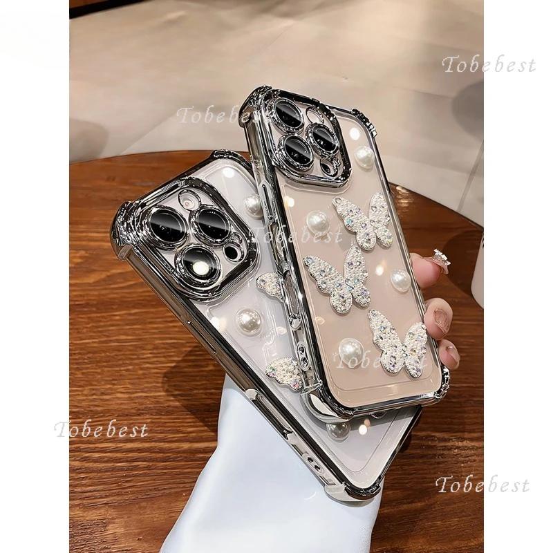 3D Pearl Butterfly Shockproof Plating Silicone Case for iPhone 16 16E 15 14 13 12 Mini 11 Pro XS Max XR X 8 7 Plus Cover