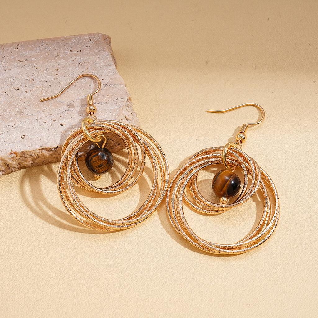 European and American Bohemian Tiger's Eye Multi-layer Geometric Round Cross Ear Hook Vintage Personality Niche Premium Earrings