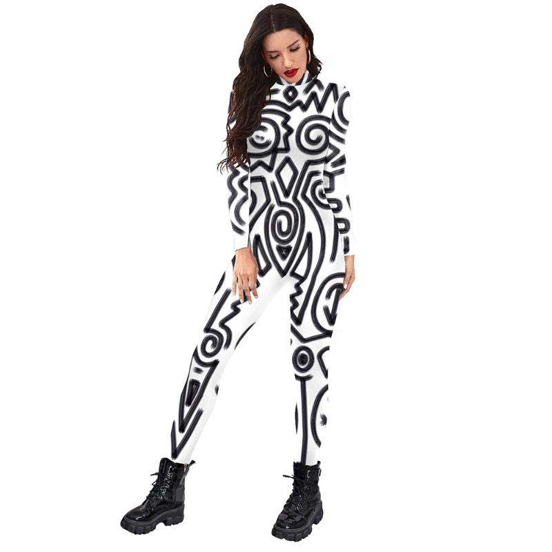 Costume women's new black and white retro abstract pattern digital printing Halloween performance one-piece costume