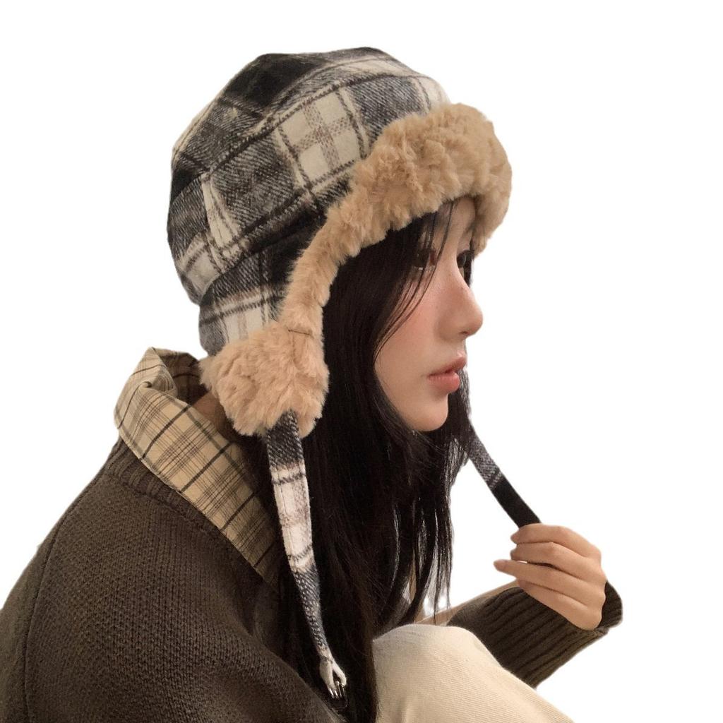 Retro Plaid Splicing Cold-proof and Warm Fleece Thickened Ear Protection Hat Outdoor Riding Hat