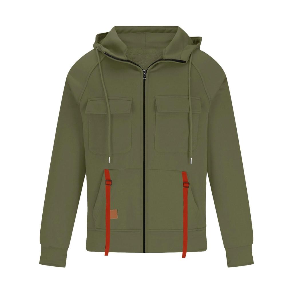 Men's Fashionable Solid Color Long Sleeve Hooded Loose Sweatshirt Sports Multi Pocket Sweatshirt Jacket